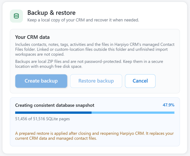 Harpiyo CRM Backup and restore dialog showing local backup contents and database snapshot progress