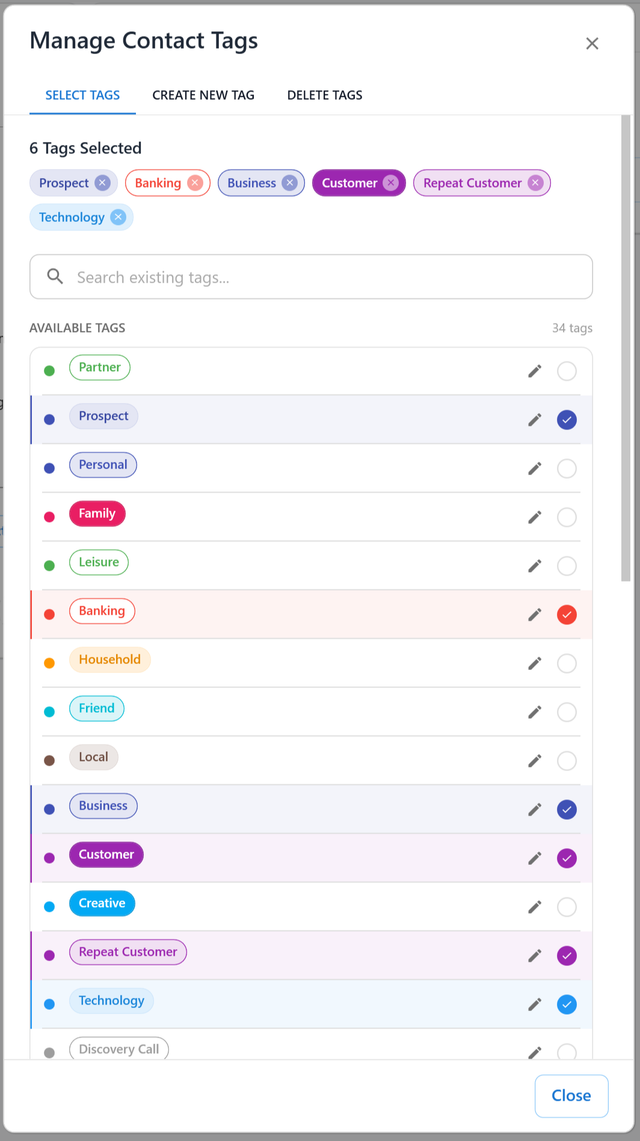 Manage Contact Tags in Harpiyo CRM, showing selected tags and available contact tags