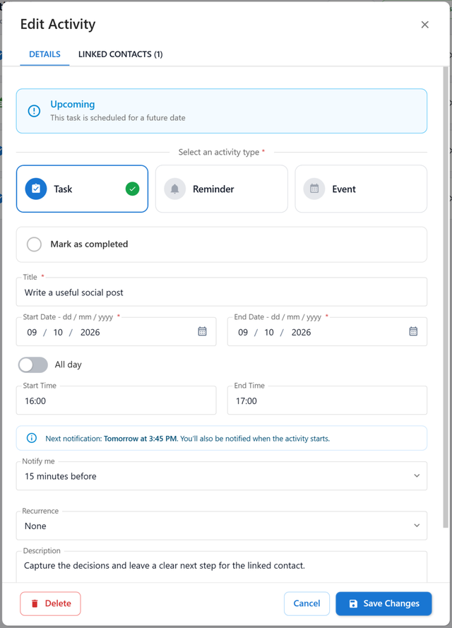 Harpiyo CRM Edit Activity form showing task scheduling, linked contacts and notification settings
