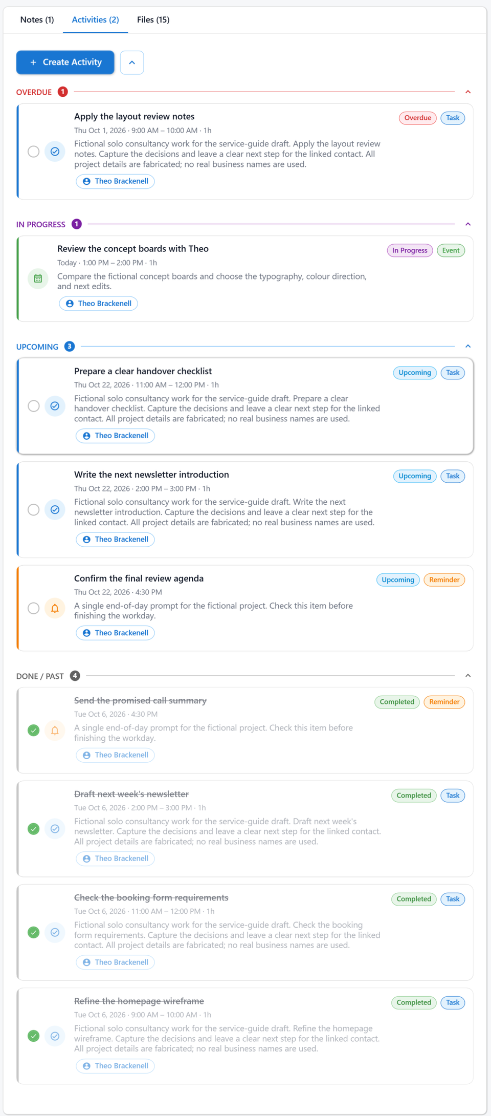 Harpiyo CRM client activities grouped by status, including tasks, events and reminders