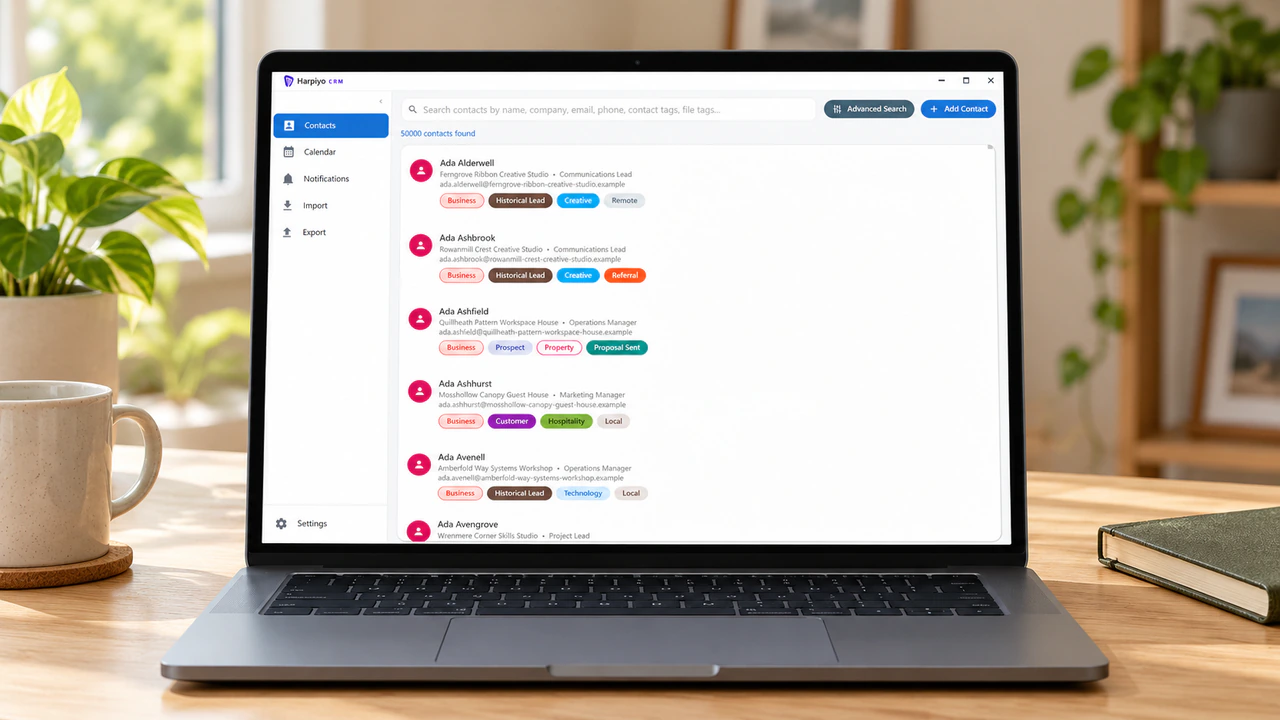 Harpiyo CRM displaying contacts and tags on an unbranded laptop in a clean home office
