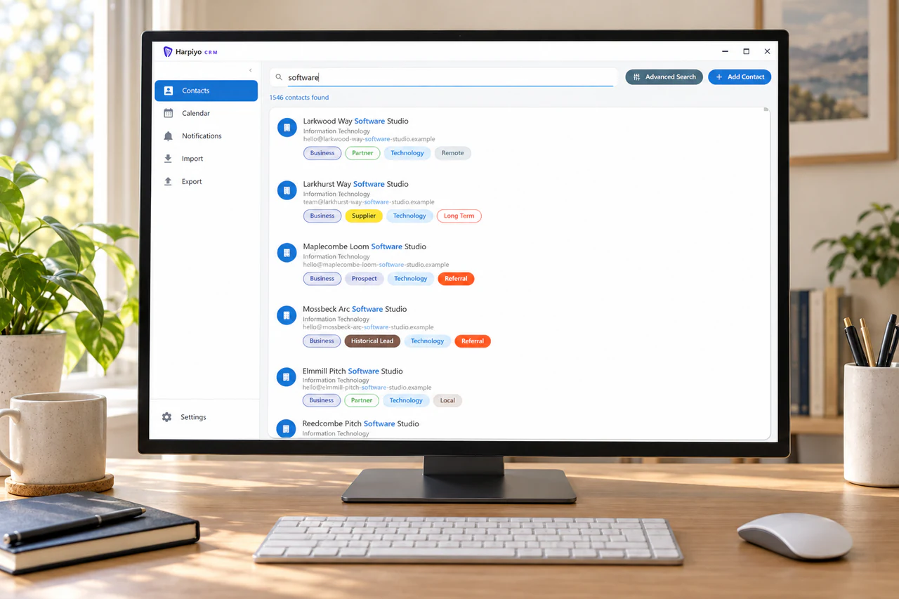 Harpiyo CRM contact search and organisation results on an unbranded desktop monitor in a professional home workspace